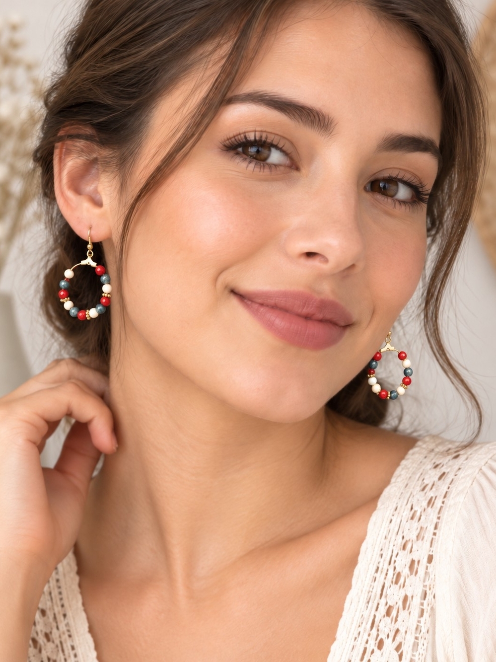 Gold Tone Hoop Earrings with Red, Green and Cream Beads